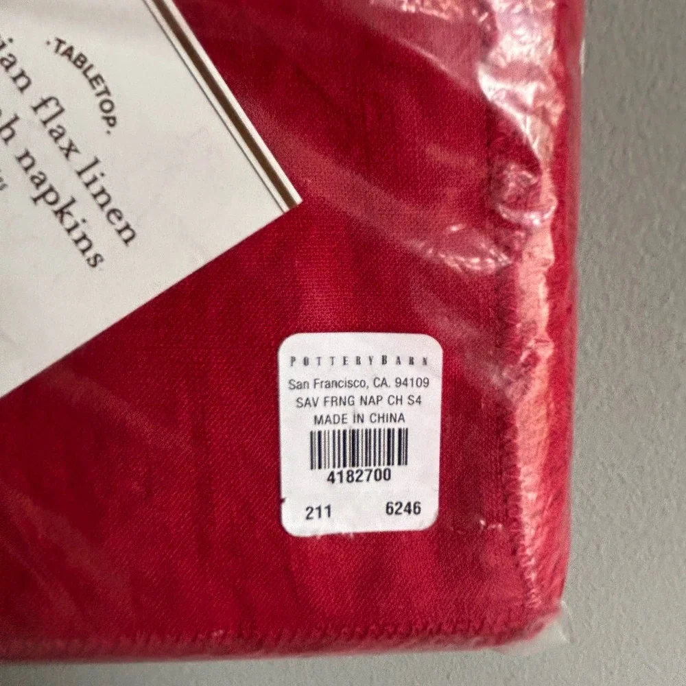 Pottery Barn Belgian Flax Linen Savannah Napkins Cherry Red Set of 4 Fringed NEW